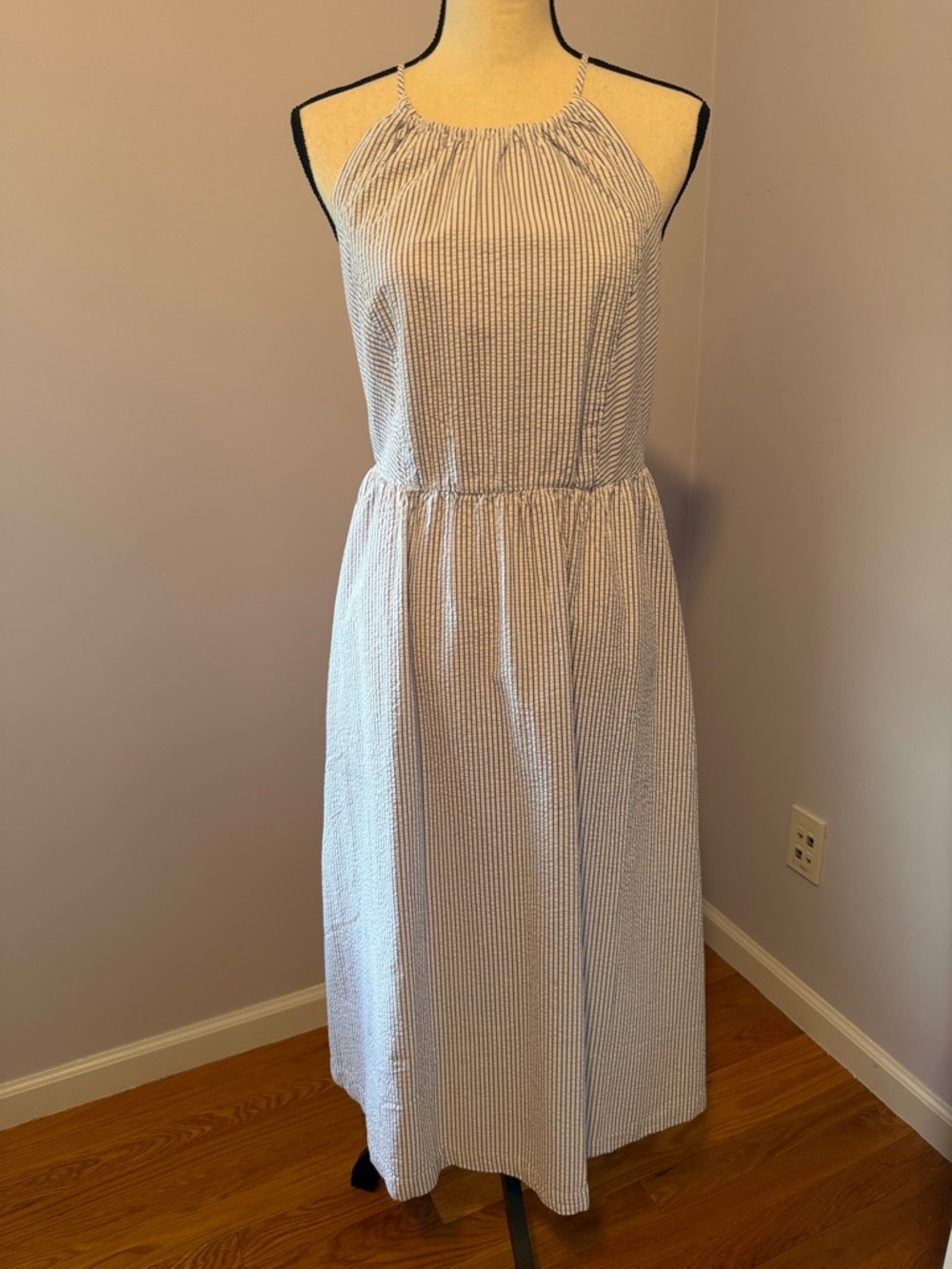 J. Crew Blue and White Seersucker Halter Maxi Dress